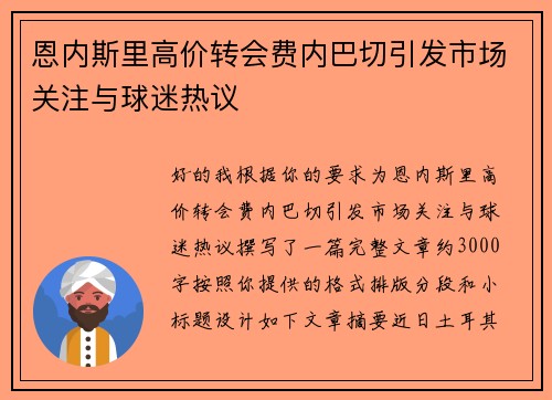 恩内斯里高价转会费内巴切引发市场关注与球迷热议